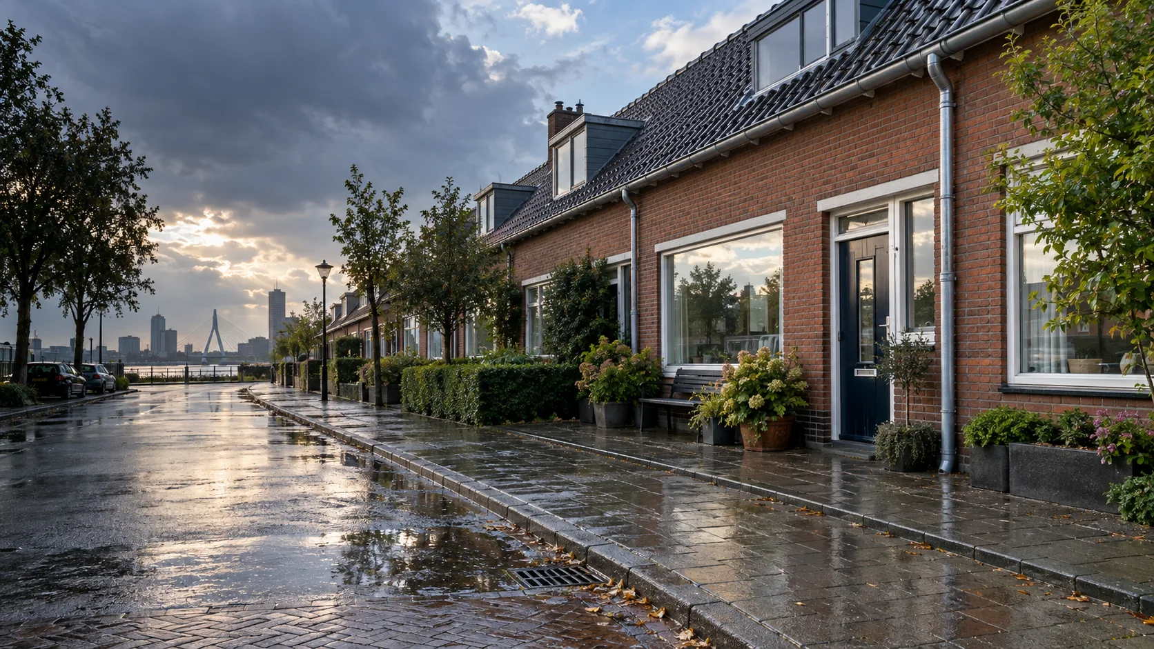 Rotterdamse woonstraat na een regenbui, met zichtbare dakgoten, regenpijpen en straatkolk